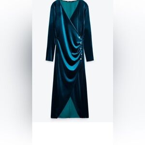 Zara Teal Velvet Wrap Midi Dress with Side Buttons